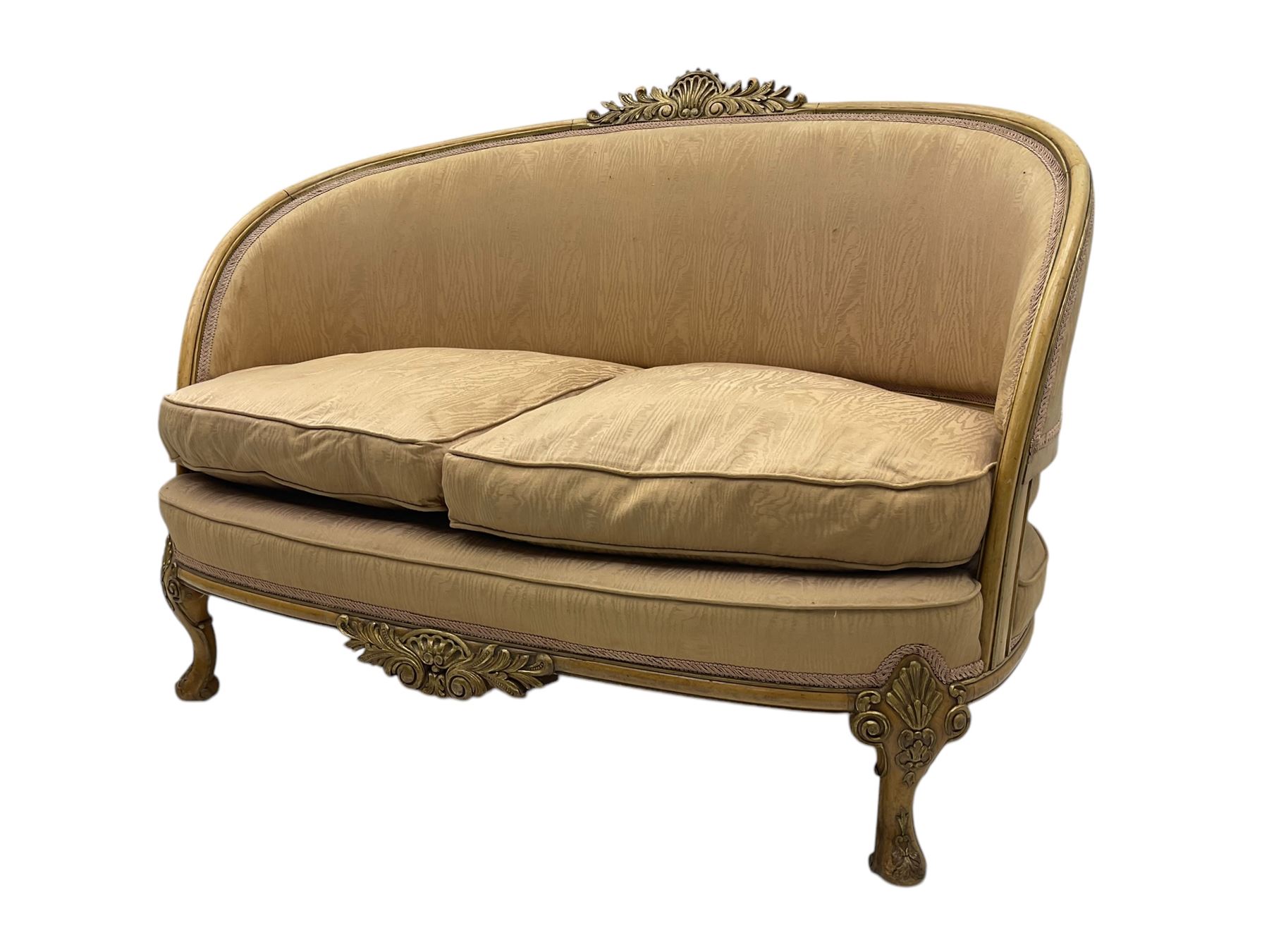 French Louis XV design walnut framed sofa, tub-shaped upholstered back with gilt foliate carved crest, padded seat with twin loose cushions, raised on cabriole supports with shell and acanthus leaf carvings