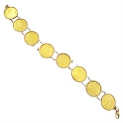 Queen Victoria gold half sovereign bracelet, four shield back half sovereign's dated 1887, two dated 1892 and one other 1890 and four other half gold sovereigns dated 1898 and 1897, all loose mounted in later 9ct gold bracelet