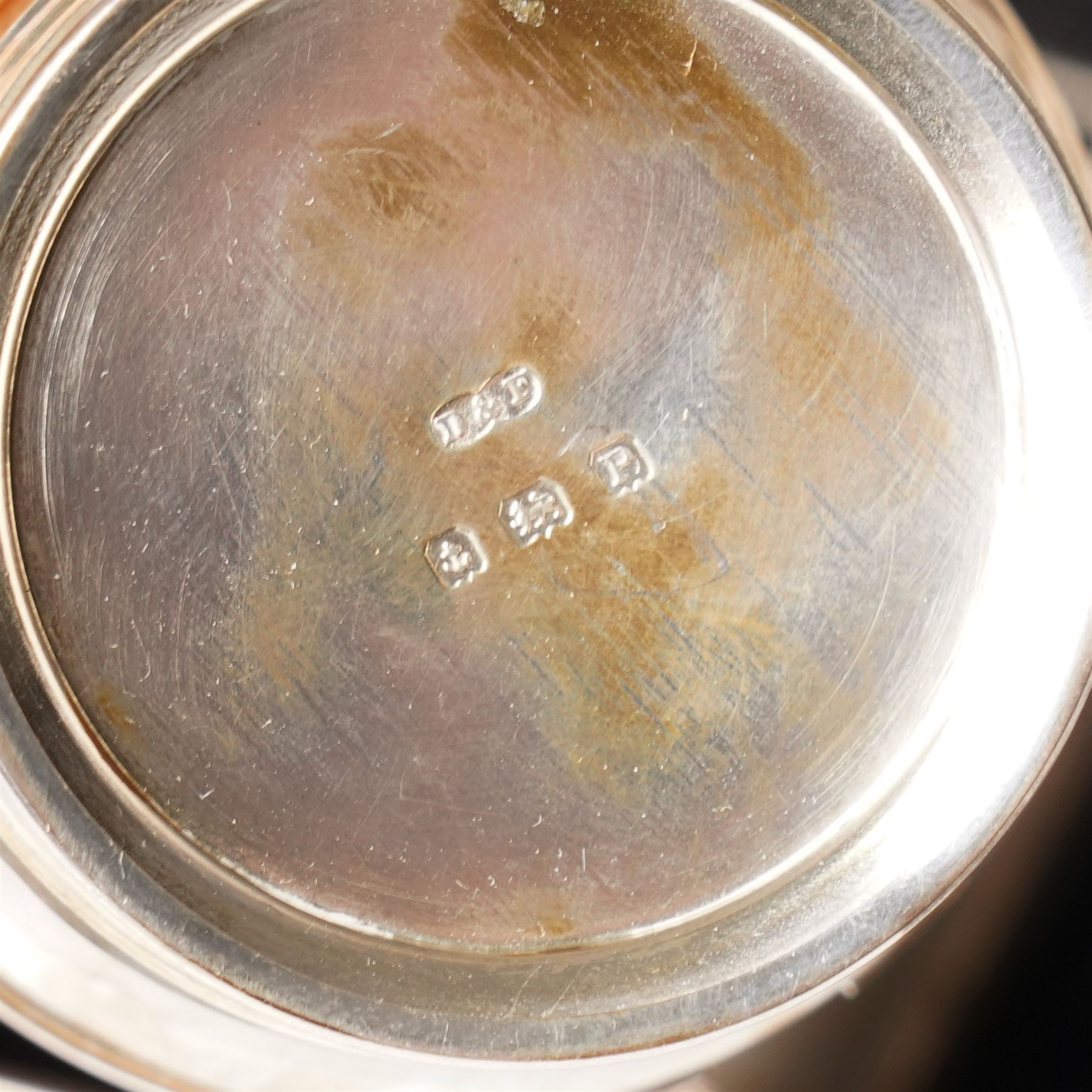 Silver three piece condiment set of circular design and two original spoons, cased Birmingham 1937-1939 Maker Deakin & Francis Ltd 