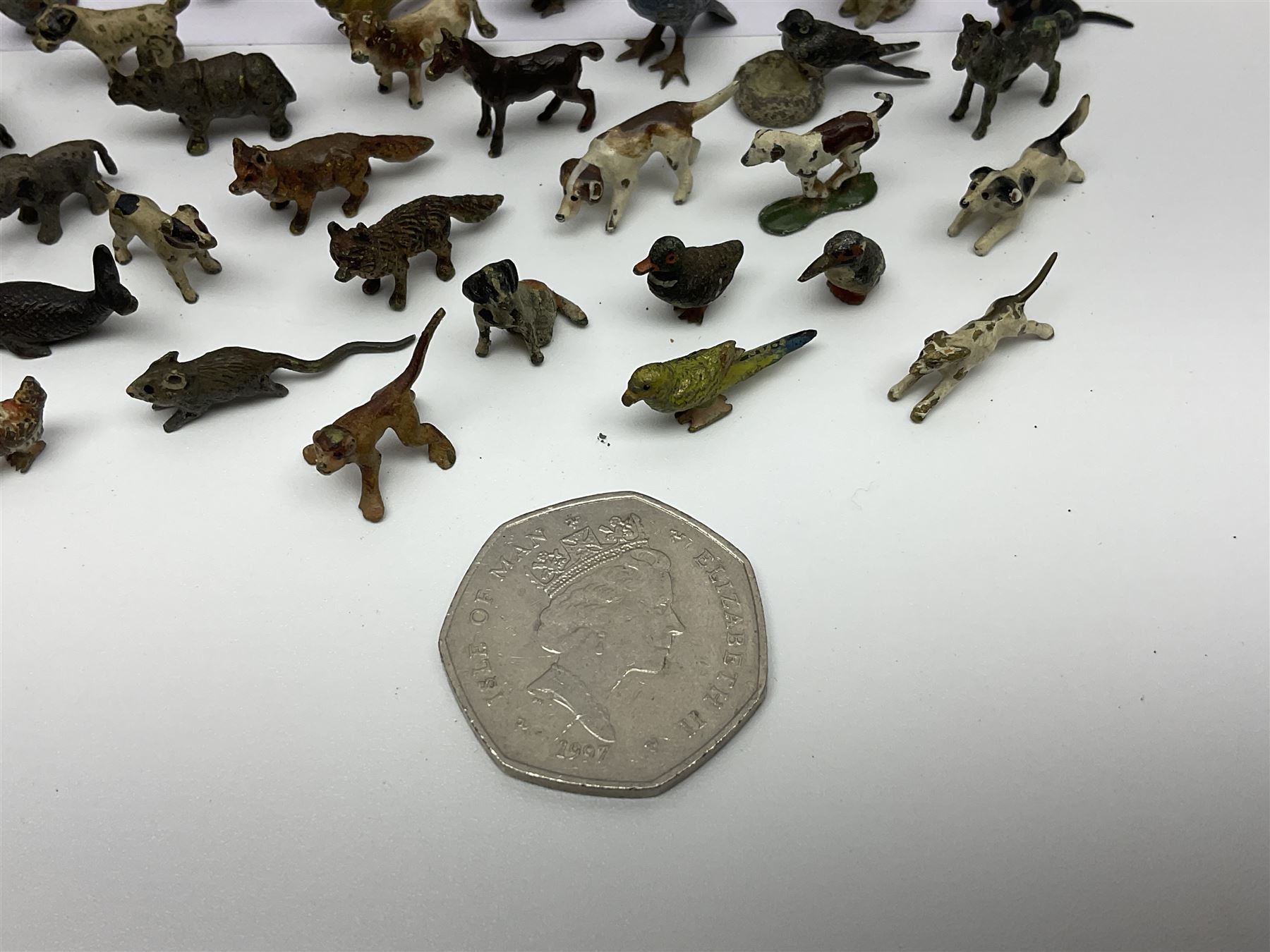 Collection of miniature cold painted bronze and similar animals, to include birds, sheep, horses etc 