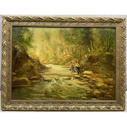 Giorgio Lucchesi (Italian 1855-1941): Figures Crossing a River in Wooded Landscape, oil on panel signed 32cm x  45cm