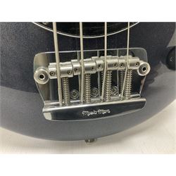 Music Man Bongo 4 string bass guitar, in sapphire black finish, serial no F42547, in black Music Man hard case, guitar L113cm