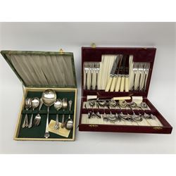 Group of metalware, to include silver plated three branch candelabra, two silver plated trays, and a large quantity of assorted flatware, mostly silver plated and boxed/cased, including fish eaters, dessert forks and spoons, etc.  