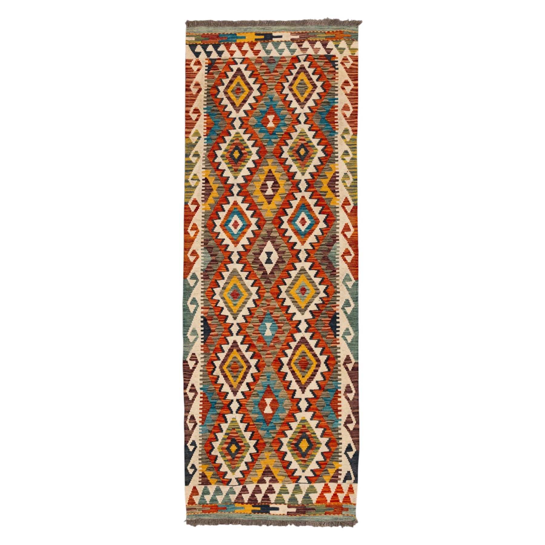 Afghan kilim ivory ground runner rug, the field with three columns of repeating lozenge motifs with amber and multicoloured tones, enclosed by a guard band decorated with repeating stylised hooks
