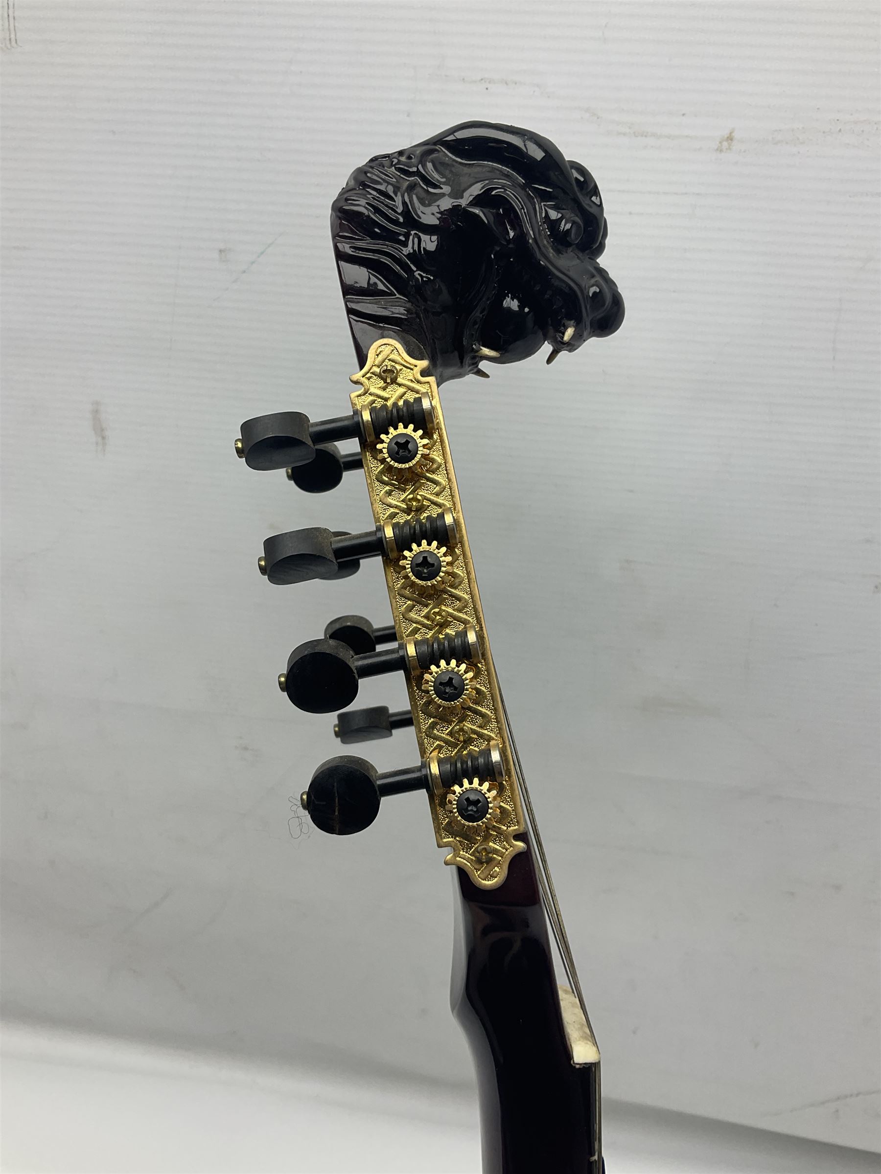 Chinese F-hole eight-string mandolin with sunburst finish, mother-of-pearl inlay of dragons chasing the flaming pearl and dragon carved headstock L71cm