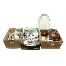 Quantity of ceramics to include Noritake cylindrical vase decorated with crane, Staffordshire style dogs, Royal Doulton Bunnykins cup, Royal Worcester, Wedgwood, etc in three boxes