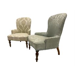 Two Victorian style beech framed upholstered bedroom chairs