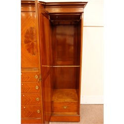  Edwardian Sheraton Revival satinwood bow breakfront wardrobe, Greek Key cornice above a pair of oval fan veneer panel doors and four quarter veneered graduated drawers, enclosed by two mirror doors, on a plinth base, H221cm, W200cm, D73cm  