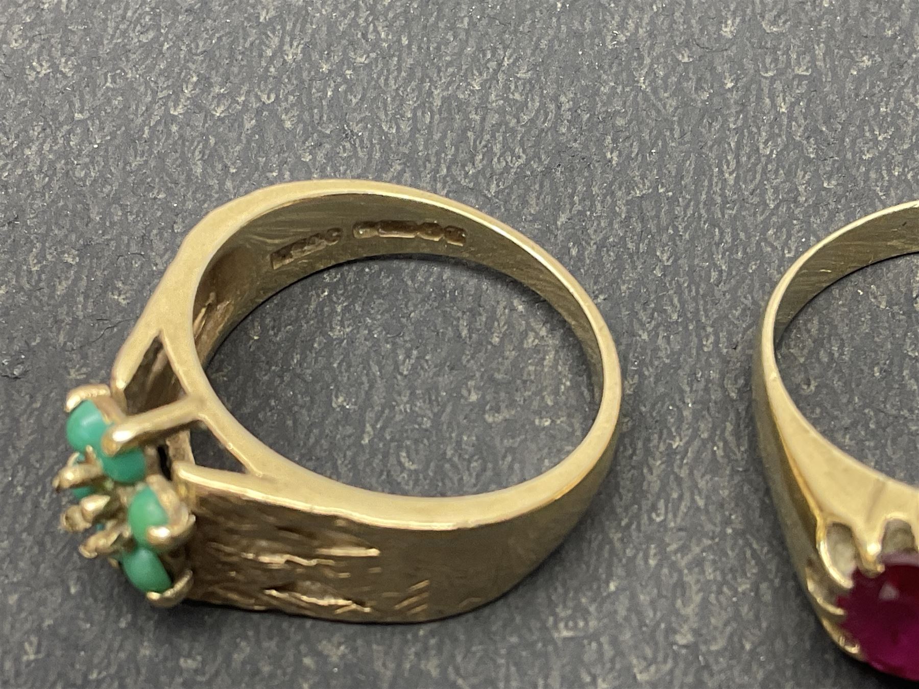 Gold paste stone set dress ring and a turquoise cluster ring, both hallmarked 9ct