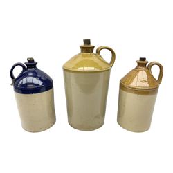 Three large 19th century stoneware flagons, to include an example with blue glazed top impressed W B Haiton & Sons Ltd Wormwood Scrubs Notting Hill London W, largest example H40cm