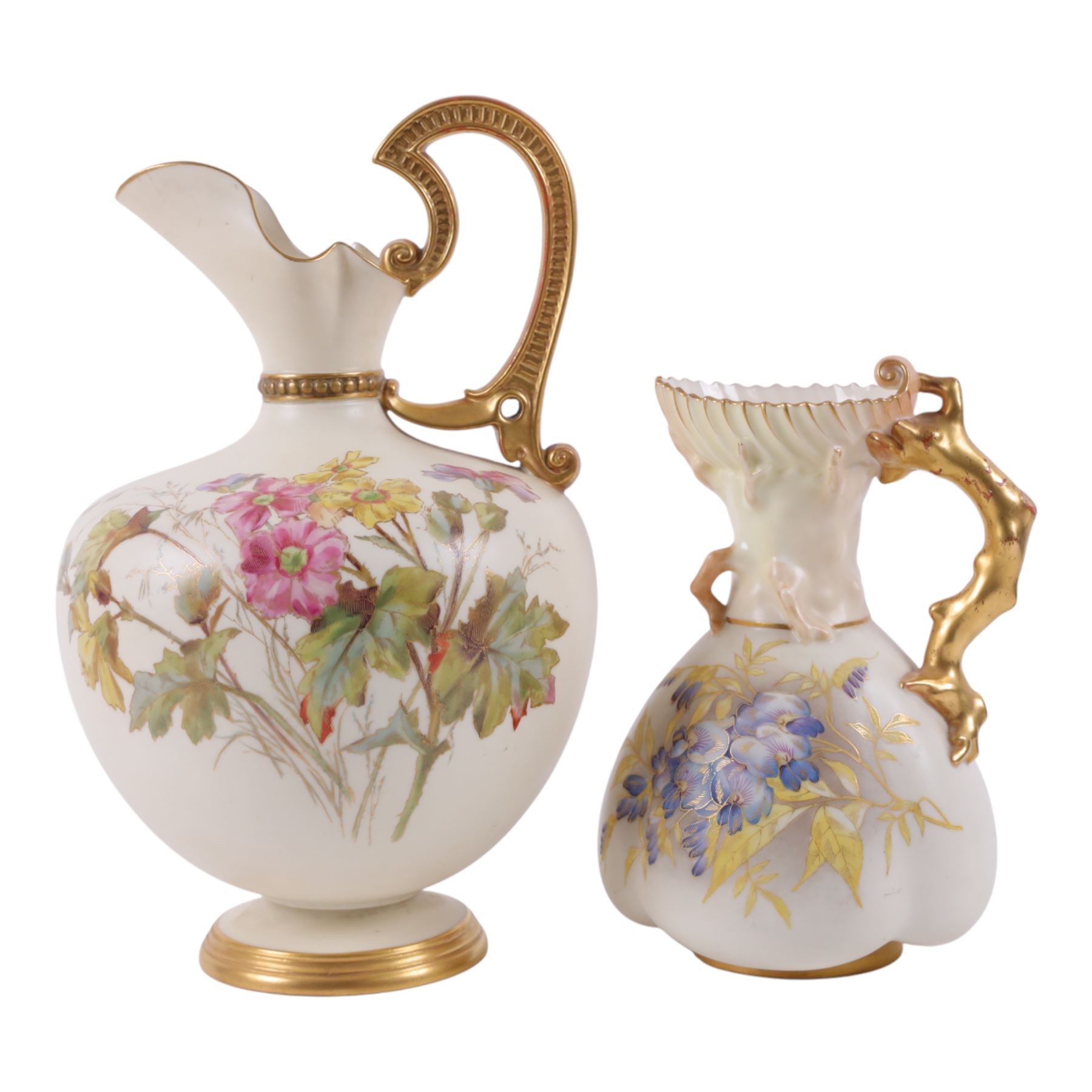 Royal Worcester, large blush ivory ewer decorated with floral sprigs, shape 1227, together with quatrelobe coral jug, decorated with wisteria shape 1507, H30cm