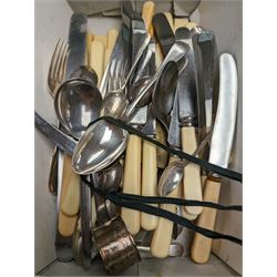 Silver napkin ring and a silver teaspoon, hallmarked, together with a quantity of stainless steel ivorine handled knives and other flatware