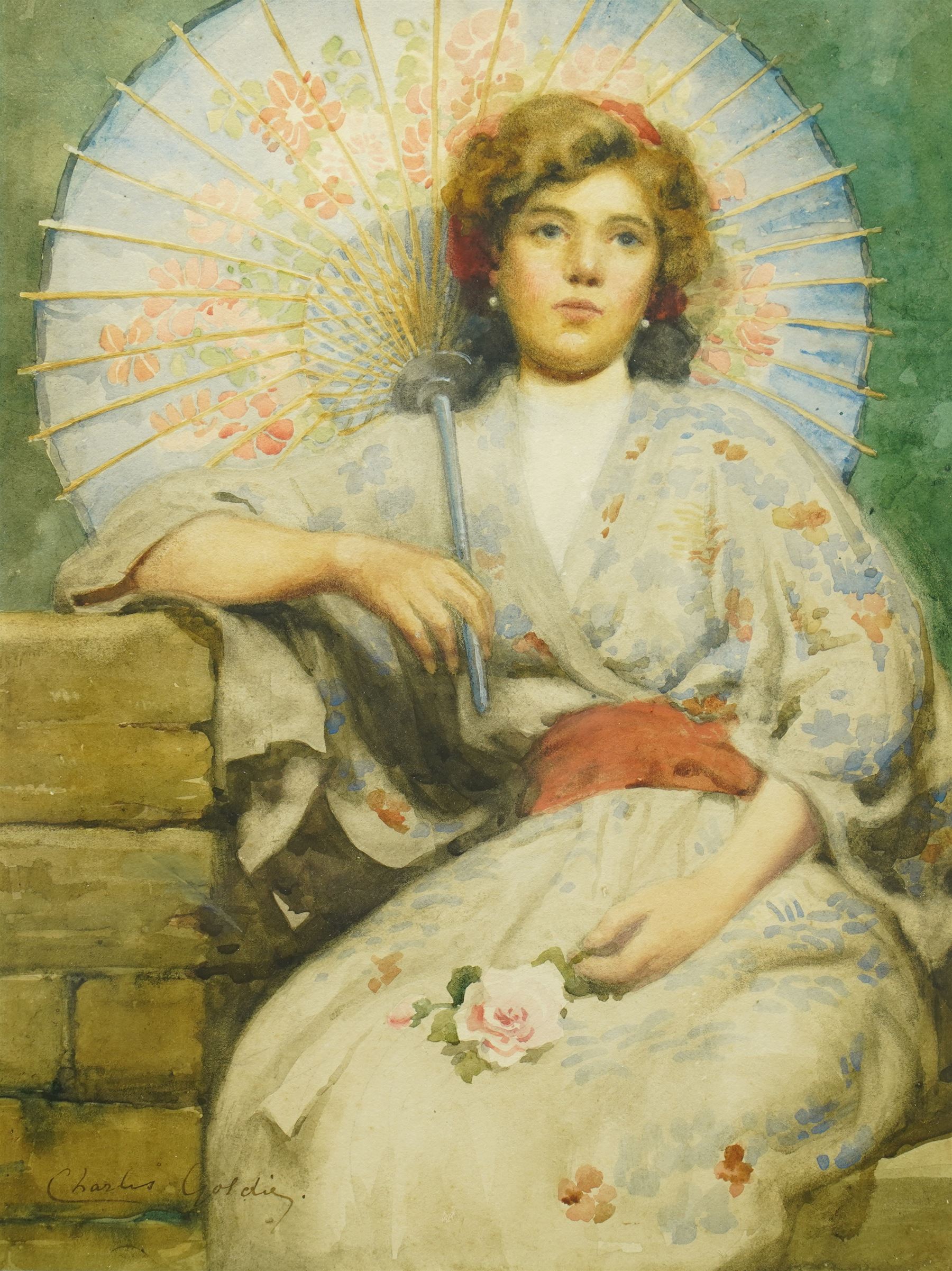 Charles Alphonse Goldie (British 19th/20th century): Portrait of a Chinoiserie Girl Holding a Parasol, watercolour signed 35cm x 25cm