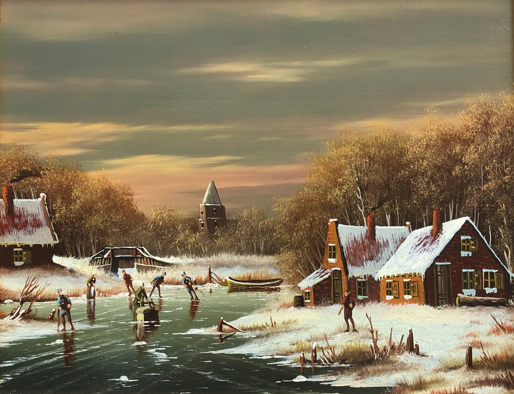 Johannes Kaiser (Dutch 1928-): Figures Skating, oil on panel signed 18cm x 24cm