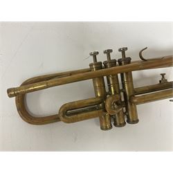 Three brass trombones comprising Elkhart Ind. USA 'CONN' model no.72H; Besson 'Concord'; and Selmer Distributed 'Lincoln'; two in carrying cases; and German B & M 'Champion' brass trumpet (4)