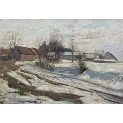 Josef Prochazka (Czech 1909-1984): Farm Buildings in the Snow, oil on board signed 49cm x 69cm