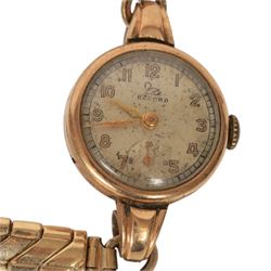 Five 9ct gold manual wind wristwatches, one on a 9ct rose gold expanding bracelet and an 18ct gold manual wind wristwatch, on brown leather strap