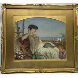 Augustus Jules Bouvier (British 1825-1881):Young Lady with Love Birds on a Mediterranean Balcony, watercolour signed and dated 1869, 39cm x 47cm