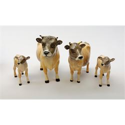 A Beswick Jersey Bull, Jersey Cow, and two Jersey Calves, three with maker's boxes, each with printed mark beneath. 