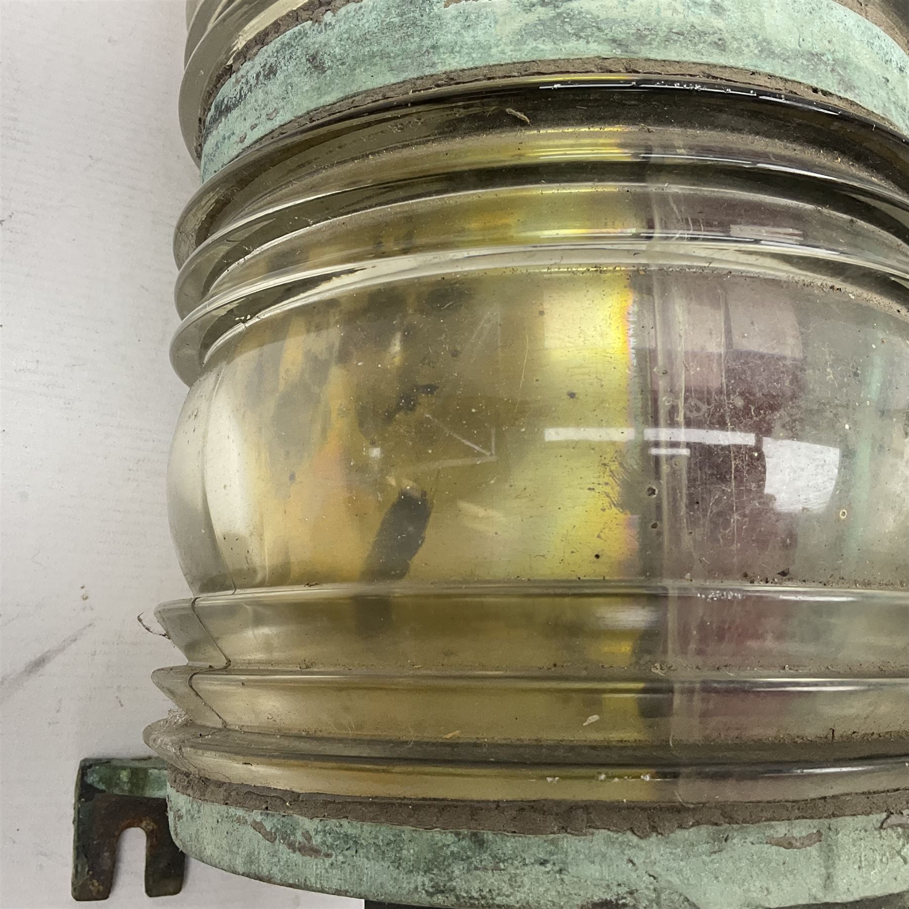 Two port and starboard brass lamps, each with a plaque marked 'Noack as Lanterne KL.A Serie 700 Type 704D Babord', ribbed green and red glass shades, H44cm