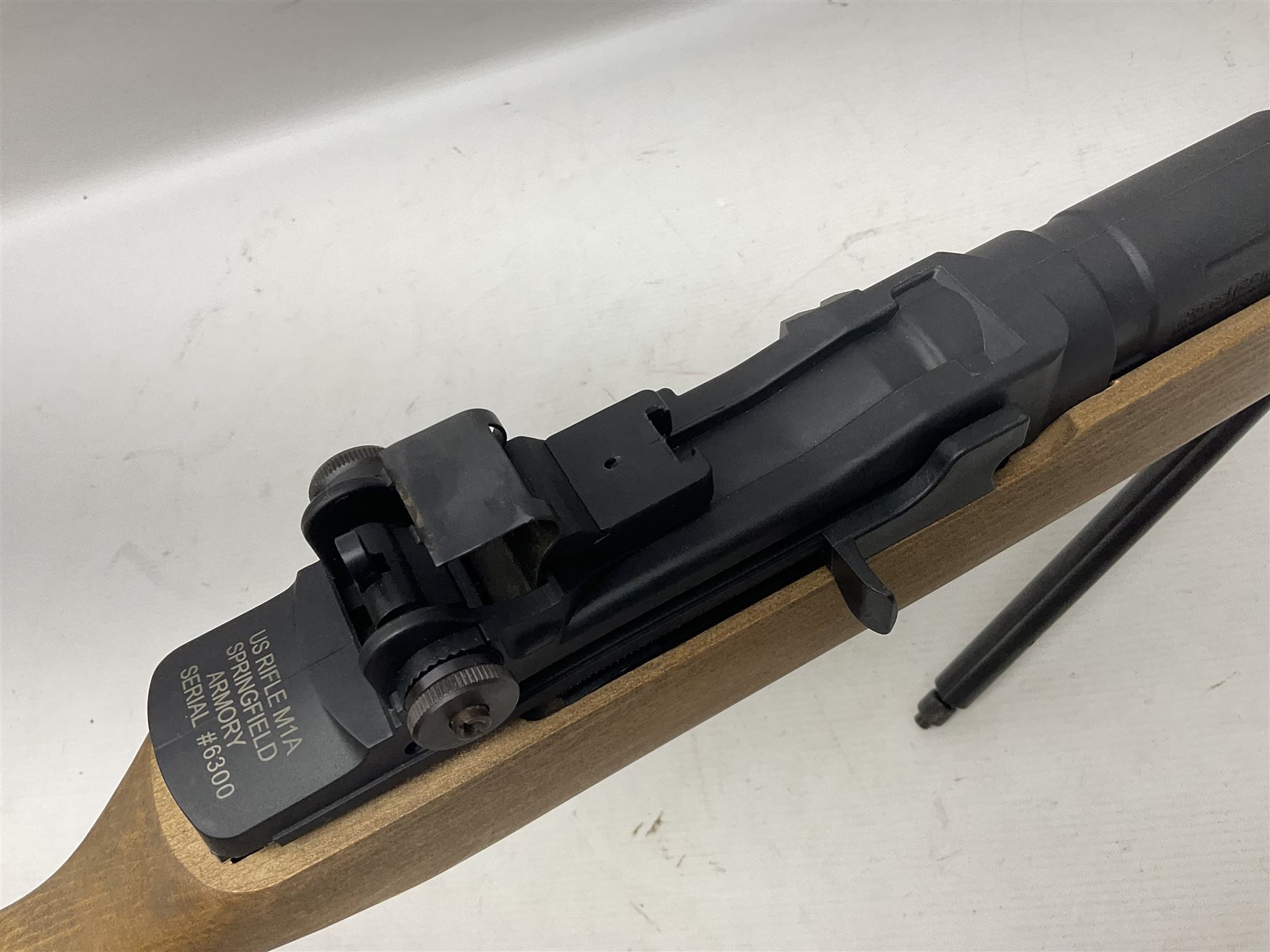 Springfield Armory M1A .22 cal. air rifle with under-lever action and wooden stock; serial no.6300, L116cm overall; in original cardboard box  NB: AGE RESTRICTIONS APPLY TO THE PURCHASE OF AIR WEAPONS.
