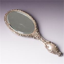 Victorian silver backed six piece dressing table set  with embossed decoration and engraved with initials in original case Chester 1900 Maker Charles Cooke