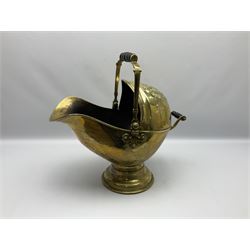 Victorian brass coal scuttle, of helmet form with turned ebonised handles, H48cm
