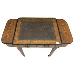Edwardian inlaid rosewood writing desk, inset leather top with brass gallery back, hinged side compartments, two drawers