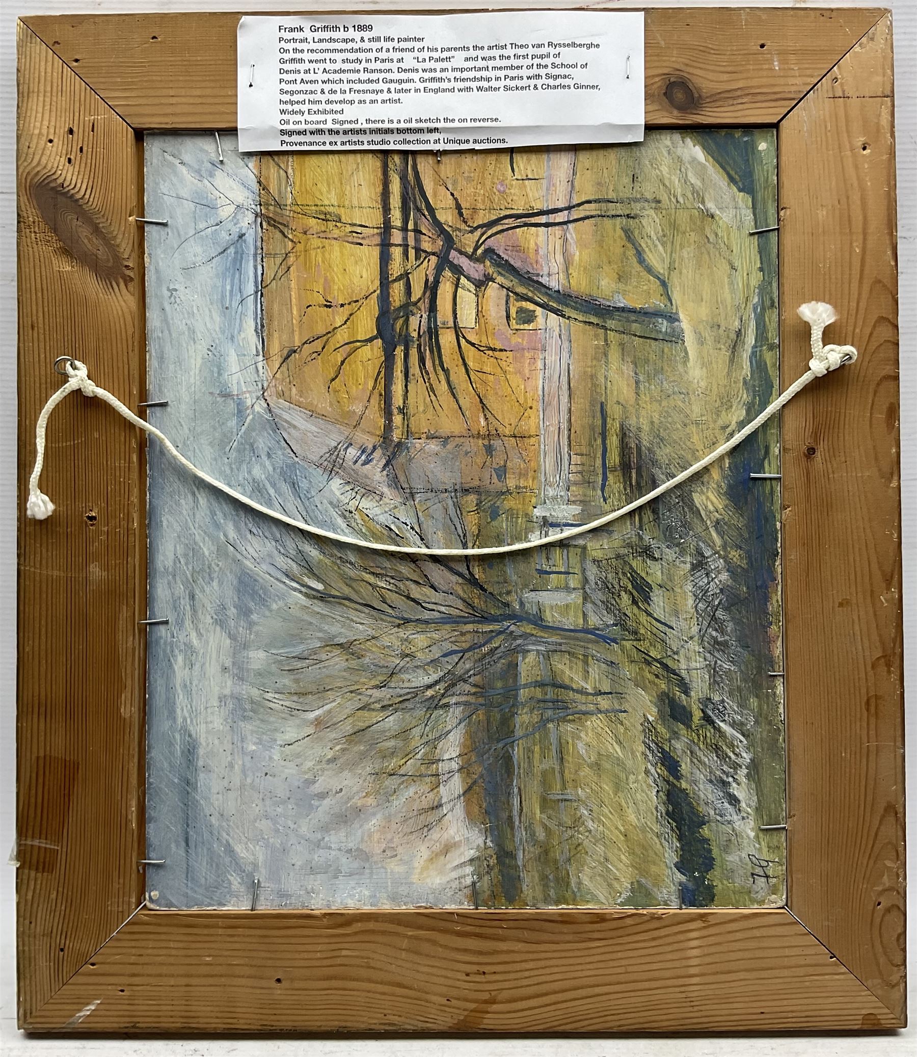 Frank Griffith (British 1889-1979): Study of Trees, oil on board, signed with initials verso with a further landscape sketch 39cm x 32cm 
Notes: Griffith studied and associated some of the leading artists of his day, including Paul Signac, Walter Sickert, and Charles Ginner.