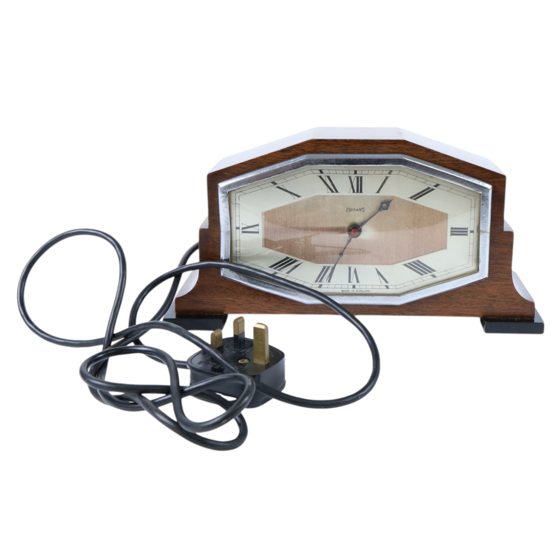 1940's Ferranti electric mantel clock, mahogany case with chromium octagonal bezel, H13cm, W26cm