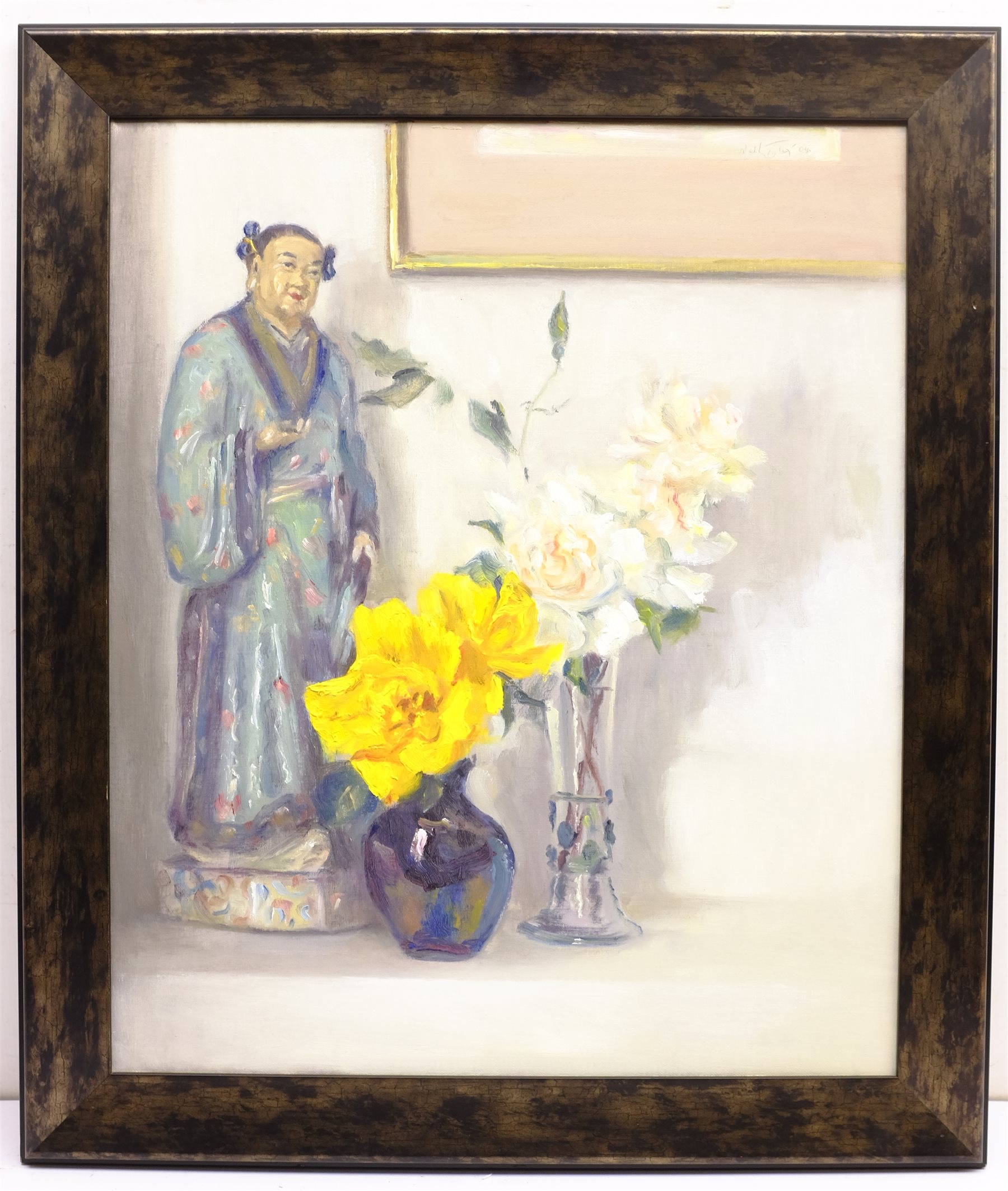 Neil Tyler (British 1945-): Still Life of Flowers with Cantonese ceramic Figure, oil on canvas signed and dated '04, 60cm x 50cm  

