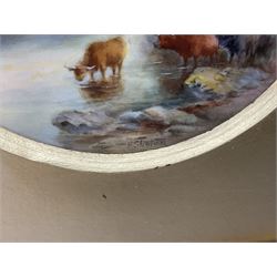 Pair of early 20th century Royal Worcester porcelain plaques painted by John Stinton Junior, each of circular form painted with highland cattle against mountainous landscapes, set within gilt frames with gilt mounts, each frame with circular cut out verso revealing puce printed marks to porcelain plaques with date code for 1919, overall H21.5cm W21.5cm plaques D10cm