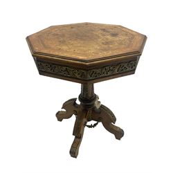 Mid-20th century figured walnut Italian design centre table, octagonal quarter veneered top with cross banding and moulded edge, the skirt decorated with scrolling foliage gilt metal mounts, on turned pedestal mounted with gilt acanthus leaves, quadruple splayed supports with further acanthus leaf decoration