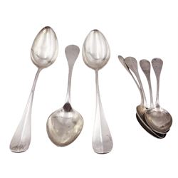 Group of German silver spoons, comprising three Hanoverian pattern dessert spoons, two with embossed cartouche verso, and four teaspoons, each stamped 800 with crown and crescent mark