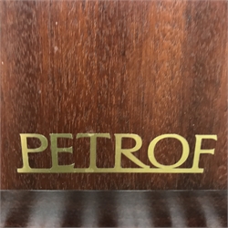 Petrof teak cased upright cast iron overstrung piano, W144cm, H10cm, D54cm