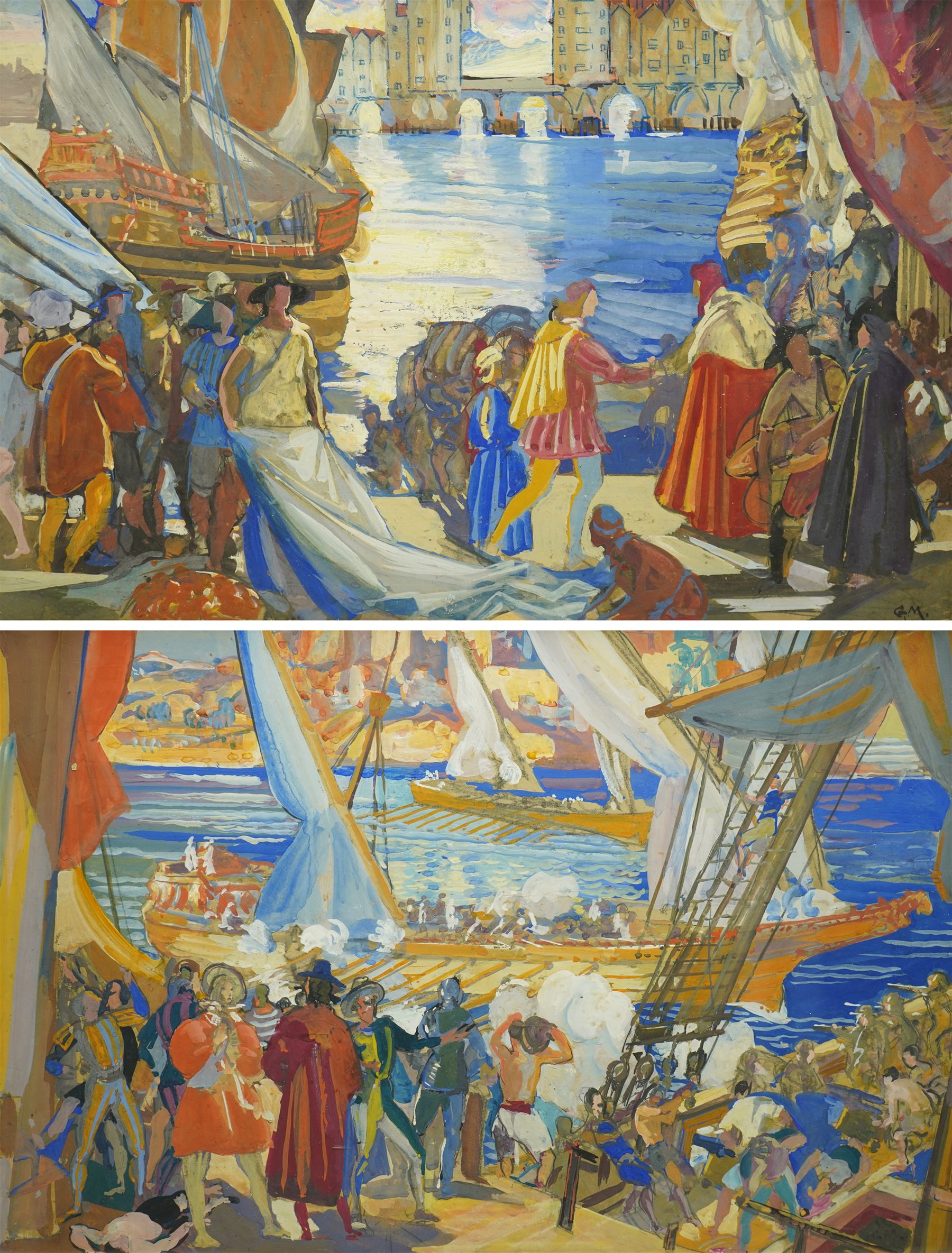 Gerald Edward Moira (British 1867-1959): Mural Design - Venetian Renaissance, pair gouache and oil on board one signed with initials 39cm x 58cm
Provenance: with Campbell Wilson galleries