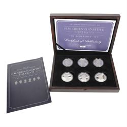 Queen Elizabeth II Jersey 2015 'H.M. Queen Elizabeth II Portraits The Sculptors' Set', comprising six silver proof five pound coins, cased with certificate