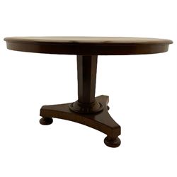 Victorian mahogany breakfast table, circular tilt-top on octagonal column, concave triangular platform with turned feet 