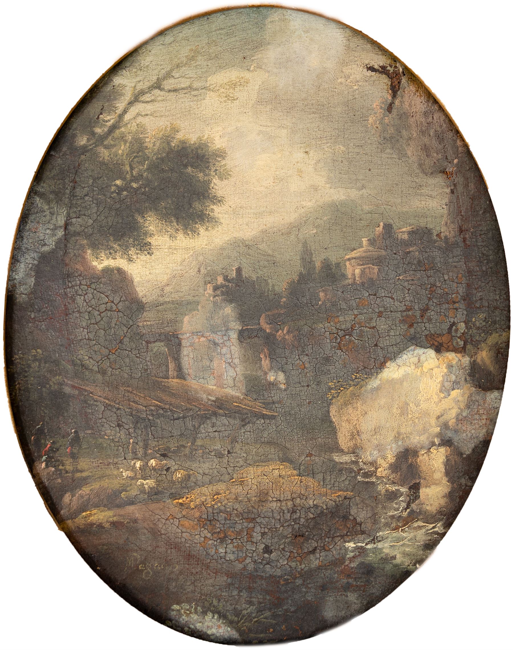 Michele Pagano (Italian 1697-1732): Shepherds Herding Sheep with Distant View of Buildings, oil on canvas signed 29cm x 22cm