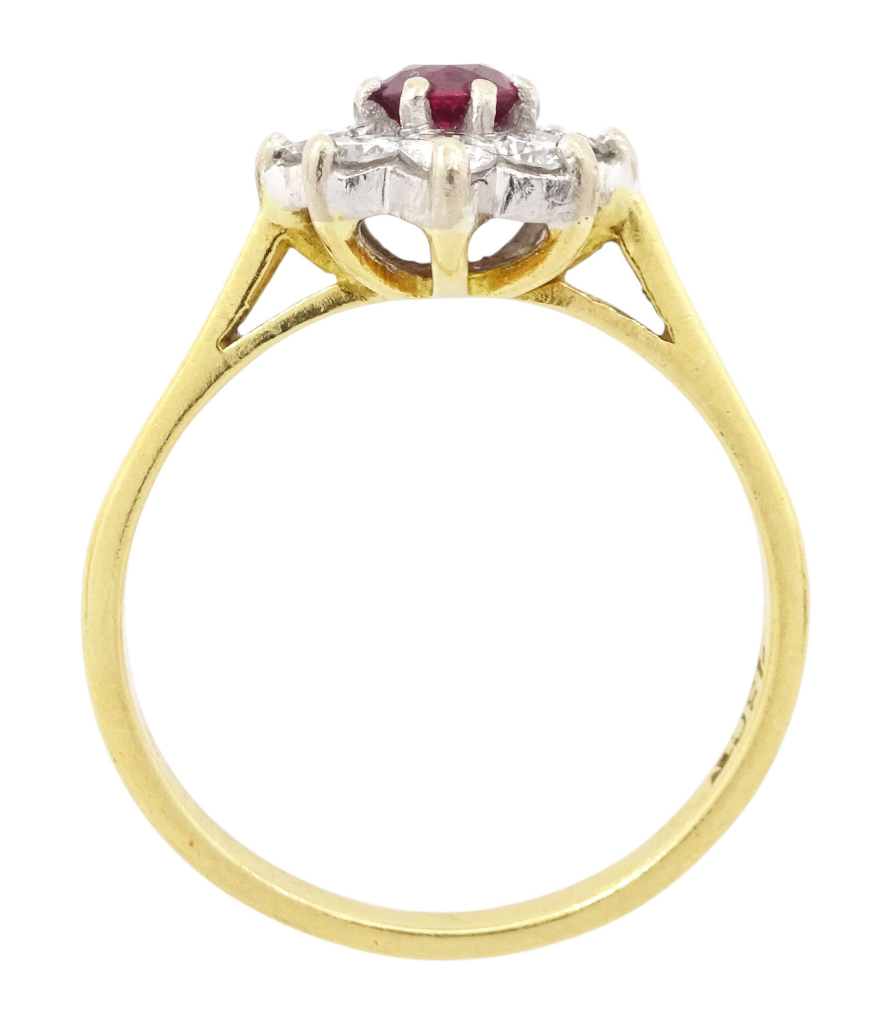 Gold ruby and diamond cluster ring, round cut ruby of approx 0.25 carat, surrounded by eight round brilliant cut diamonds, stamped 18ct, total diamond weight approx 0.40 carat