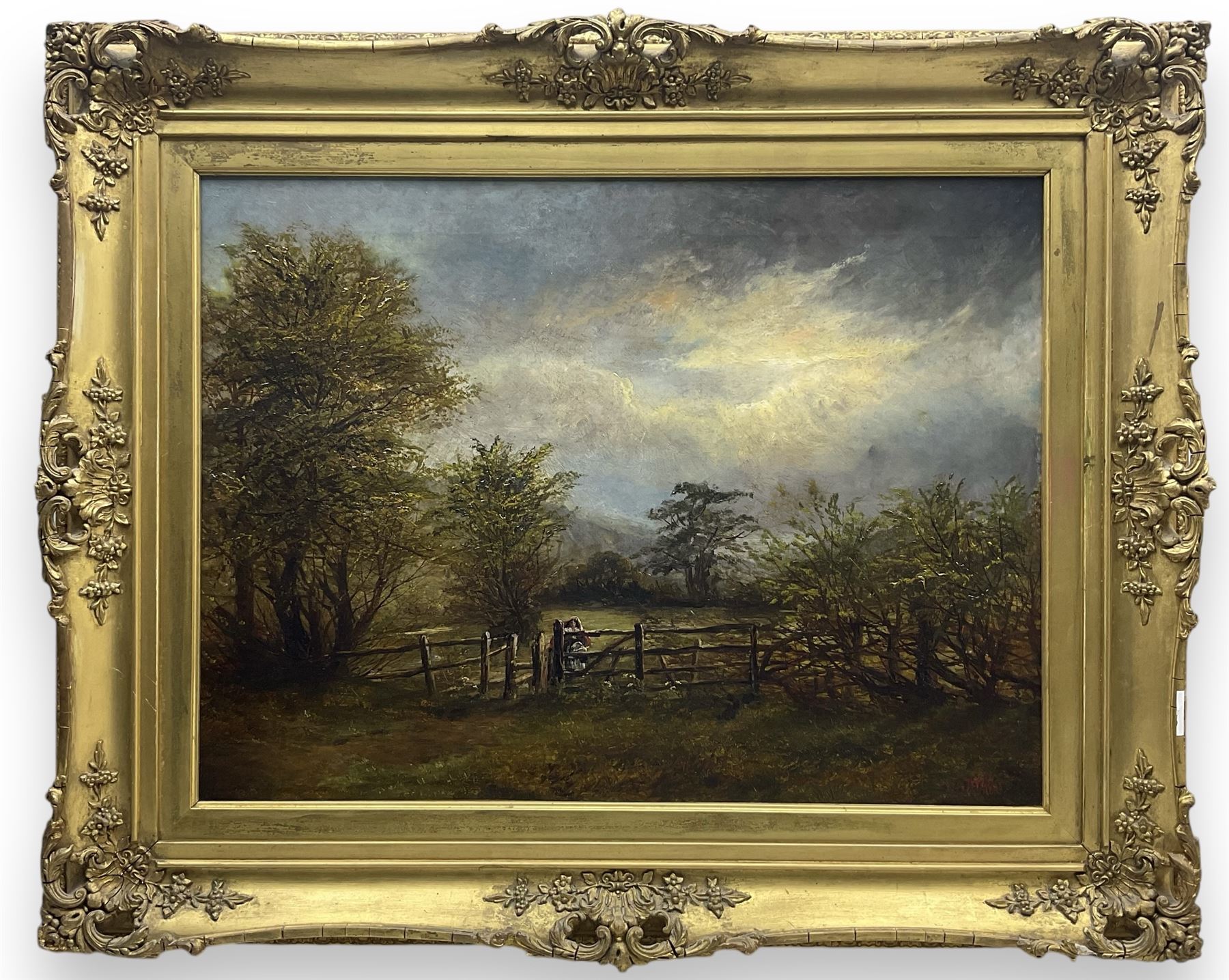 William Arthur Toplis (British 1857-1942): Girl at the Gate, oil on canvas signed and dated 1875, indistinctly titled on label verso, 44cm x 59cm