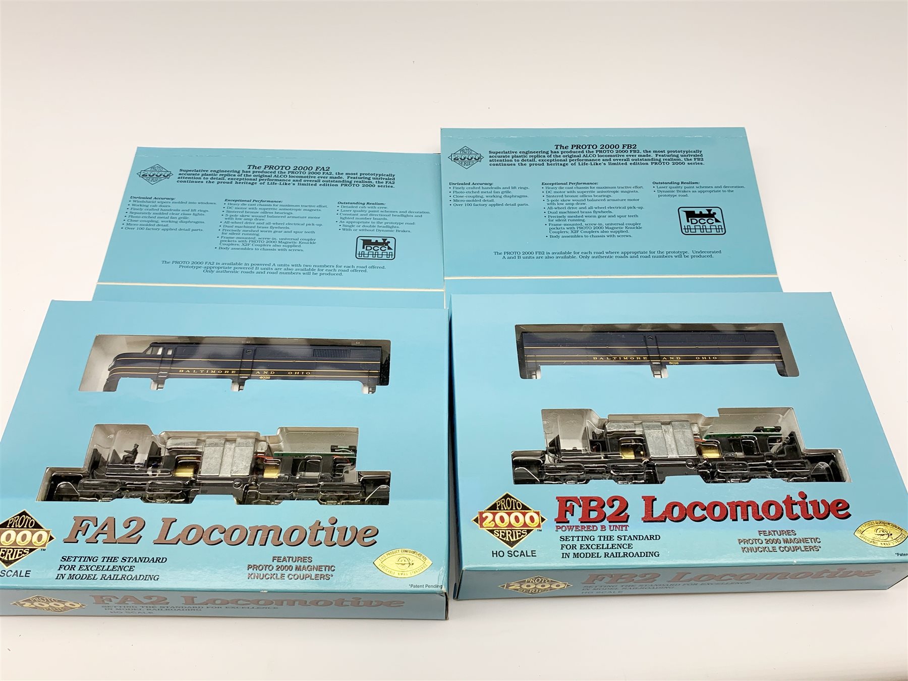 American Life-Like Proto 1000/2000 HO scale - three Baltimore & Ohio locomotives comprising FA2 No.4032, FB2 No.5016 and Budd RDC No.1951; and four 8000 Gallon Type 21 Riveted Tank Cars, one in kit form, two factory built and one kit built, all boxed (7)