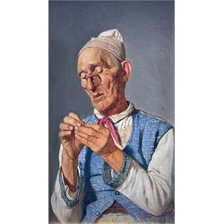Giuseppe Costantini (Italian 1843-1894): Gentleman Threading a Needle, oil on panel signed and dated 1879, 17cm x 10cm