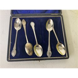 Five silver spoons, hallmarked, together with silver plated tea and coffee service, brass planter and other metalware, in two boxes 