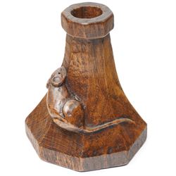 Mouseman - 1920s octagonal oak candlestick of squat form with lappet top, carved with left...