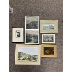 Large collection of pictures and three frames, to include Robert Malcolm Lloyd (British 1859-1907): Awaiting the Tide, watercolour; Continental School (20th century): 'Panciu' - landscape, pair of impasto oils on board and Ronald Stear (British 20th century): 'Boris Godunov', woodcut, variously signed titled and framed max 39cm x 30cm (24)