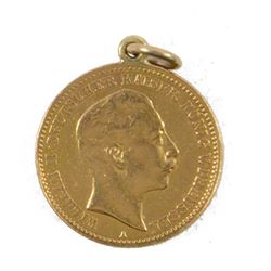 Prussia Wilhelm II 1909 gold ten mark coin (mounted)
