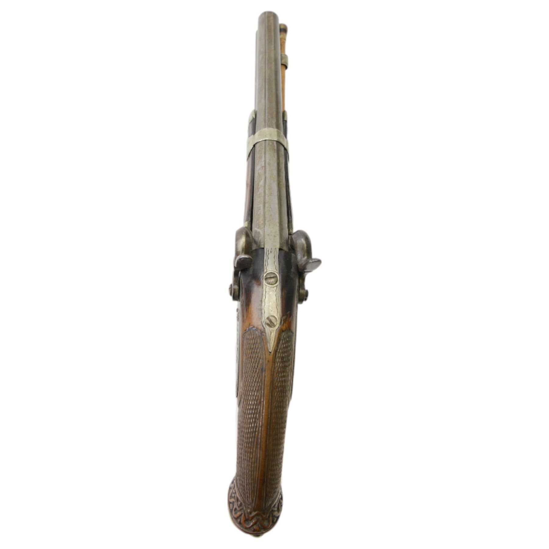 19th century double-barrelled percussion pistol, with over and under, barrels,backward spring locks, engraved with floral motifs, chequered wooden grip with engraved butt cap, side of the barrels ramrod holder, L37cm