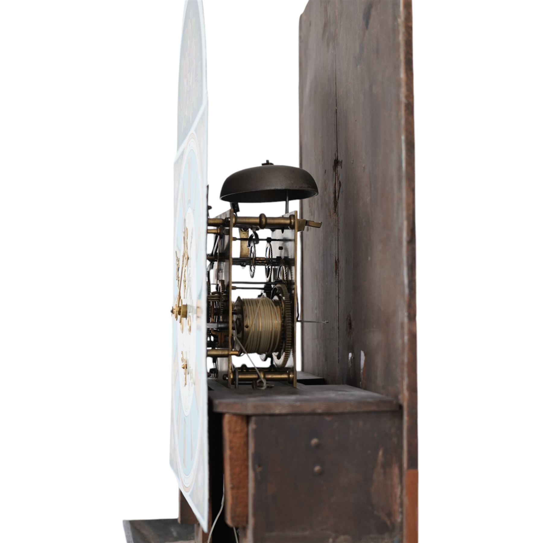 Joseph Scott of Leeds - 8-day oak and mahogany longcase clock c1865, with a swan necked pediment and wooden parterre, break arch hood door flanked by spindle turned pilasters, trunk with reeded quartered columns and a short door with a double spire top, on a deep plinth with crossbanding and raised on bracket feet, painted dial with gold 