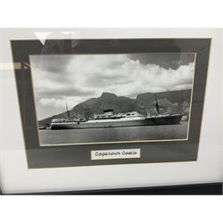 Set of twelve monochrome photographs of mid-20th century merchant vessels comprising general cargo ships, cargo liners, RMMV passenger cargo liners and hospital ship including Rowallan Castle, Drakensberg Castle, Stirling Castle, Capetown Castle, Pachumba, Tilapa etc; average size 18 x 24cm; uniformly mounted in black frames (12)